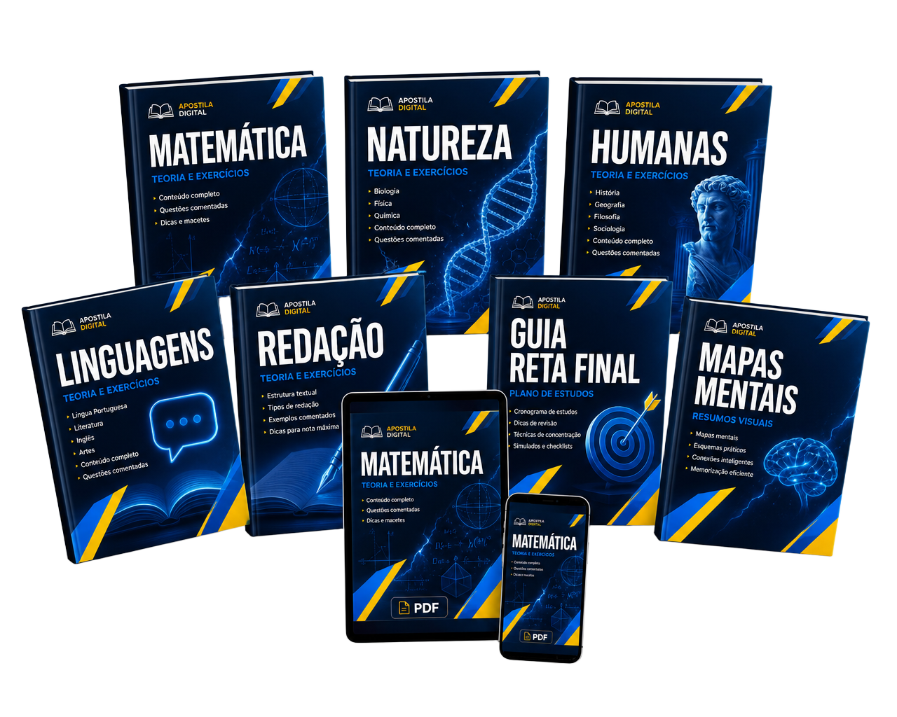 Mockups das apostilas digitais do Kit Reta Final ENEM 2026